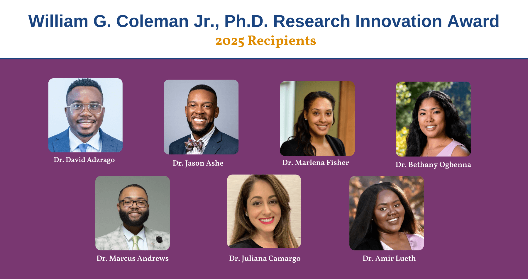 HHS and NIH logos. Portraits of the 7 recipients of the 2025 NIMHD William G. Coleman Jr., Ph.D., Research Innovation Award on a purple background