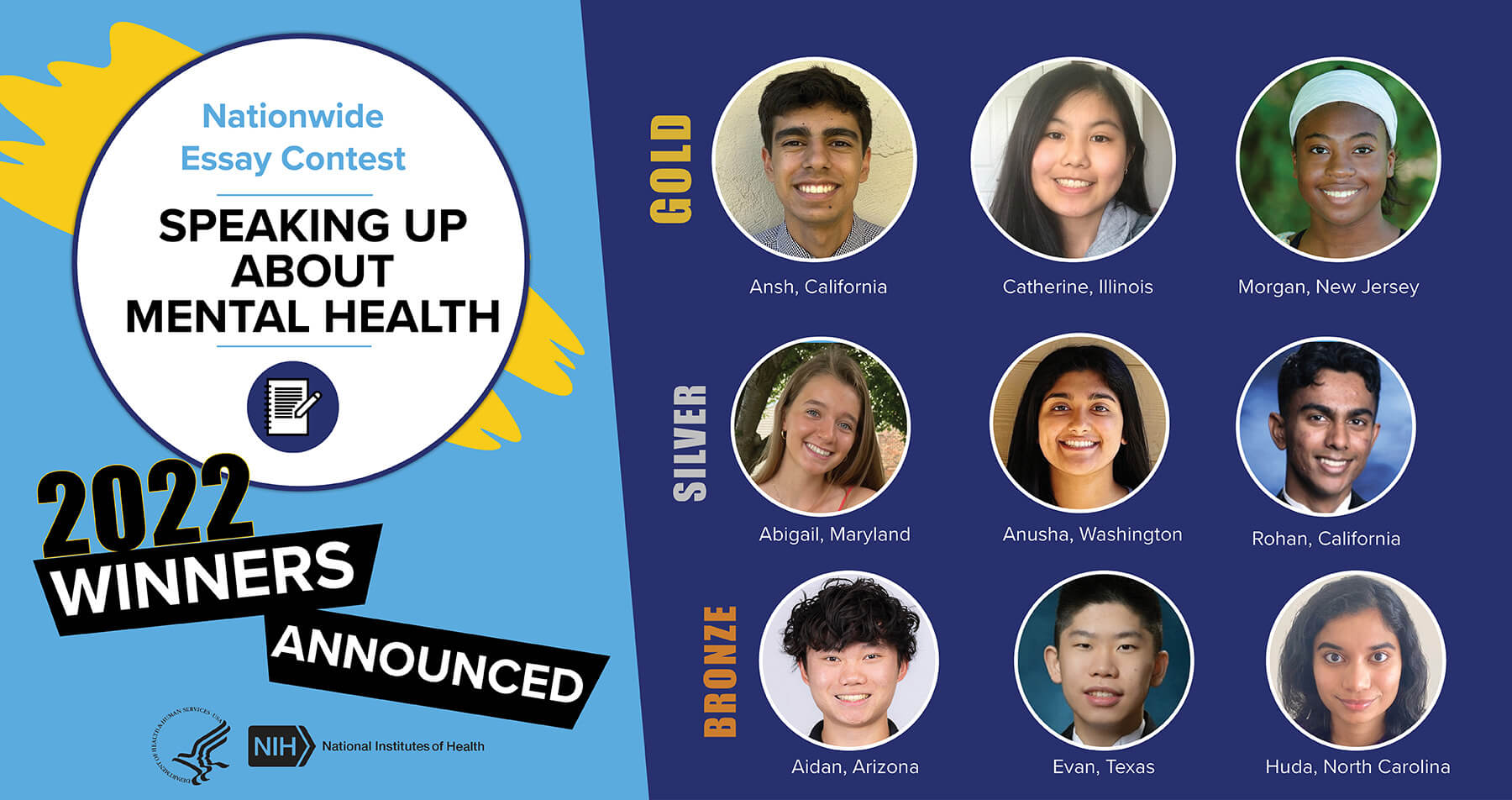 2022 NIH Mental Health Essay Contest Awardees: Photos of the gold, silver and bronze level winners