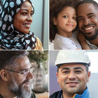 Collage of 4 headshots - a woman wearing a headscarf, a Black man holding a young Black girl, a Latino man wearing a hardhat, an older White man
