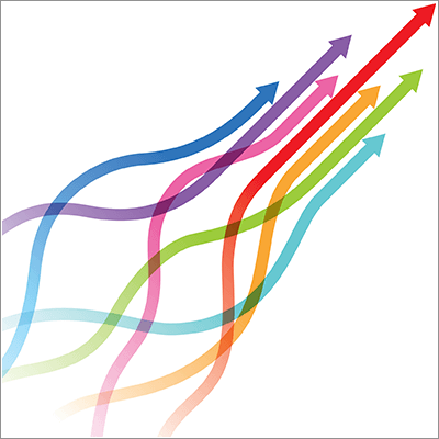 Multi-colored arrows intermingling and pointing up diagonally representing diversity, opportunity and growth