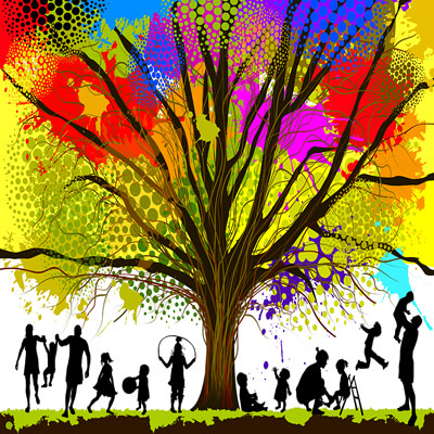 Illustration: silhouettes of people of various ages playing beneath a multi-color tree
