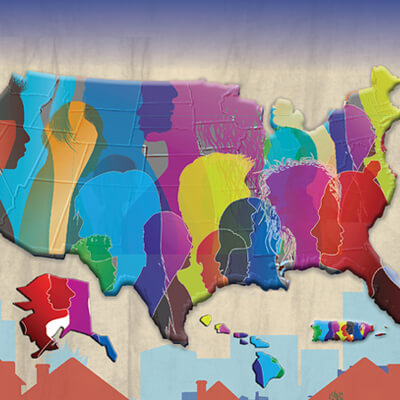 U.S. map layered with multi-colored profiles and building and house silhouettes