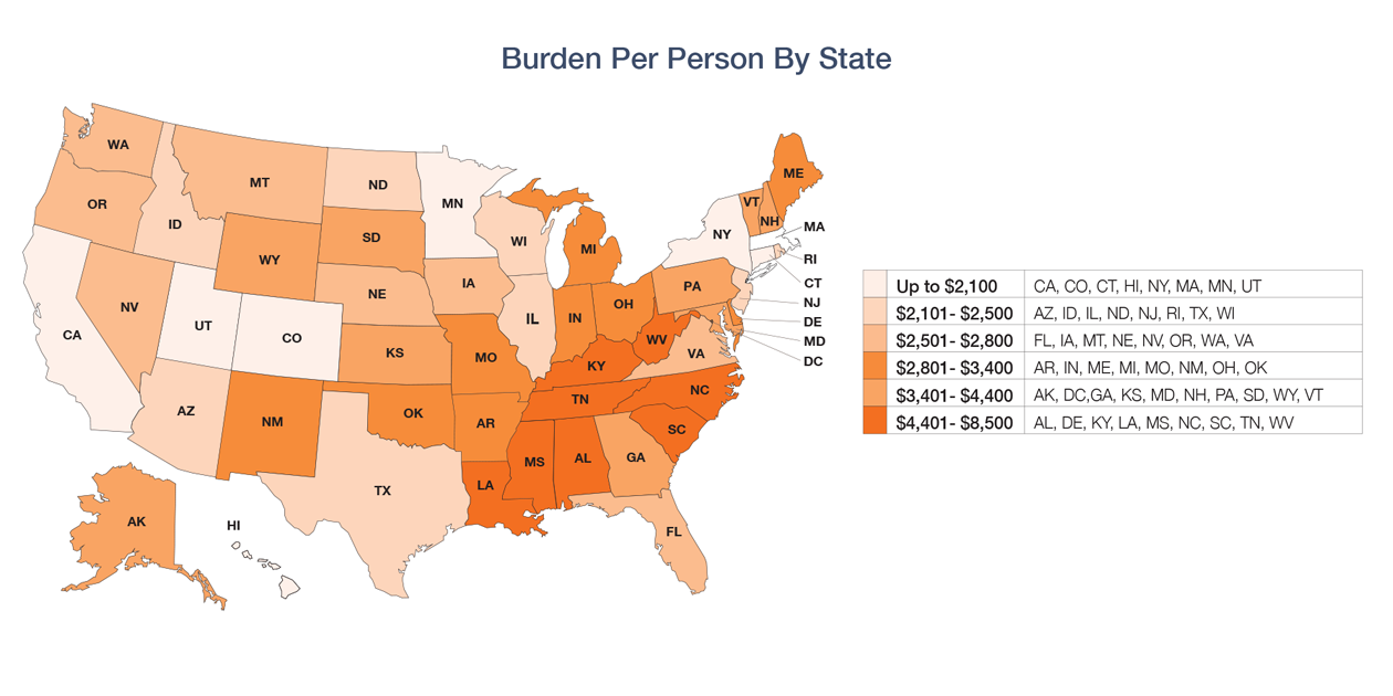 By educational level: States shaded on U.S. map showing the burden estimates per person by state detailed on the webpage below
