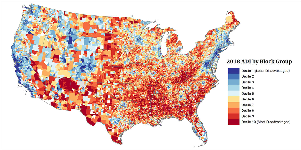 Neighborhood Disadvantage Map of the United States based on the 2018 Area Deprivation Index.