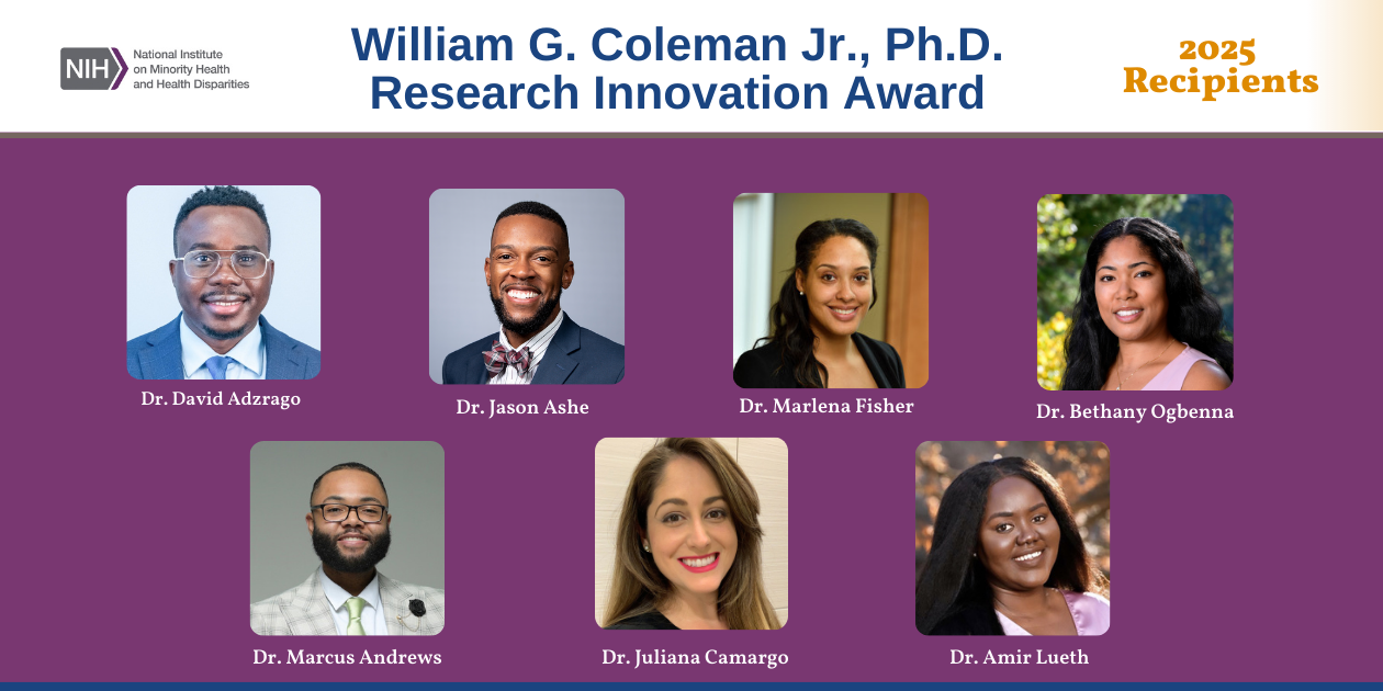 HHS and NIH logos. Portraits of the 7 recipients of the 2024 NIMHD William G. Coleman Jr., Ph.D., Research Innovation Award on a purple background