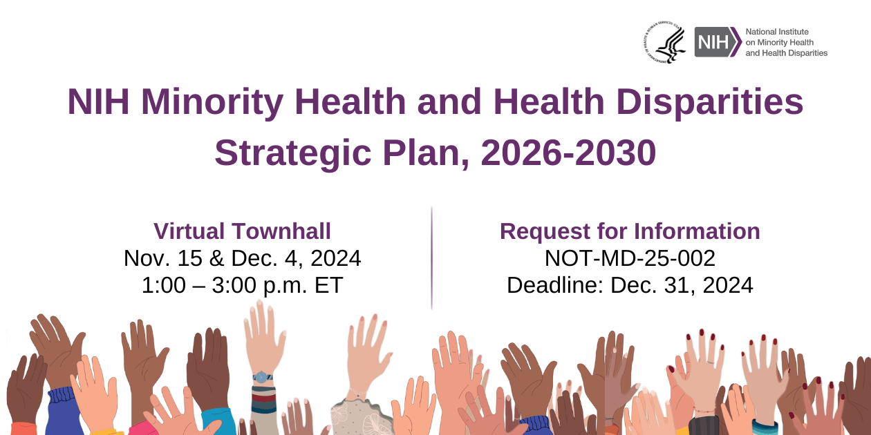 Share input: RFI, Nov. and Dec. townhalls. Graphic: Raised hands of many races, ethnicities, genders, some have colorful sleeves, watches, nail polish