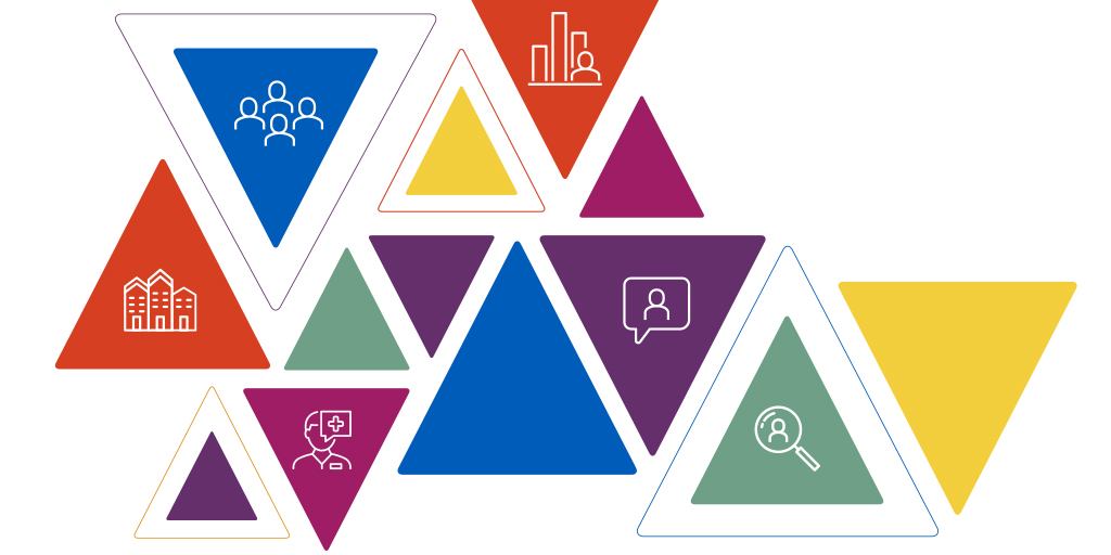 Triangles, each in a vibrant shade of orange, blue, yellow, purple or green, some with icons, representing NIMHD’s Research Framework