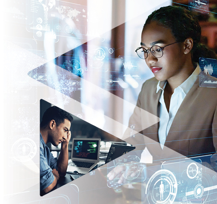 Triangles containing two images: a young woman of color in professional attire typing on a laptop, with graphical user interfaces overlaid across the image and a young man looking intently at data graphs on a black and silver laptop in a modern office.