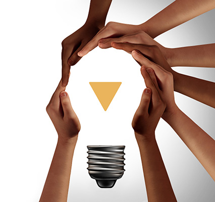 ScHARe Think-a-Thon graphic: hands of different skin colors form the shape of a light bulb as a metaphor for collaboration