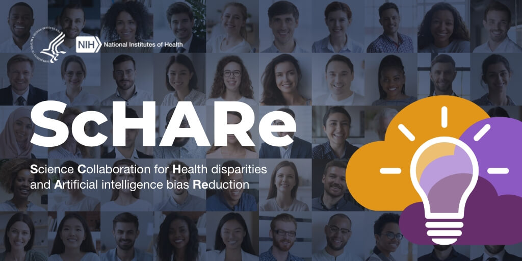HHS and NIH logos. Graphic: white lightbulb on top of gold and purple clouds. Text: ScHARe. Background: portraits of 50 people of diverse race/ethnicity, gender and age arranged in a grid overlaid with navy